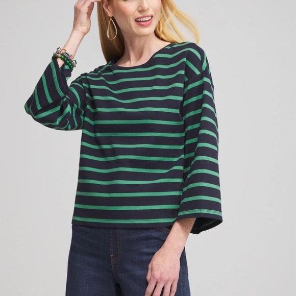 Chico's Tops - Chico's 100% Cotton Green/Blue Striped Wide-Sleeve Drop-Shoulder T-Shirt 2 (L)